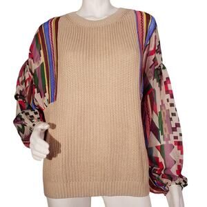 Fate Sweater | Medium | Beige Knit with Boho Balloon Sleeves